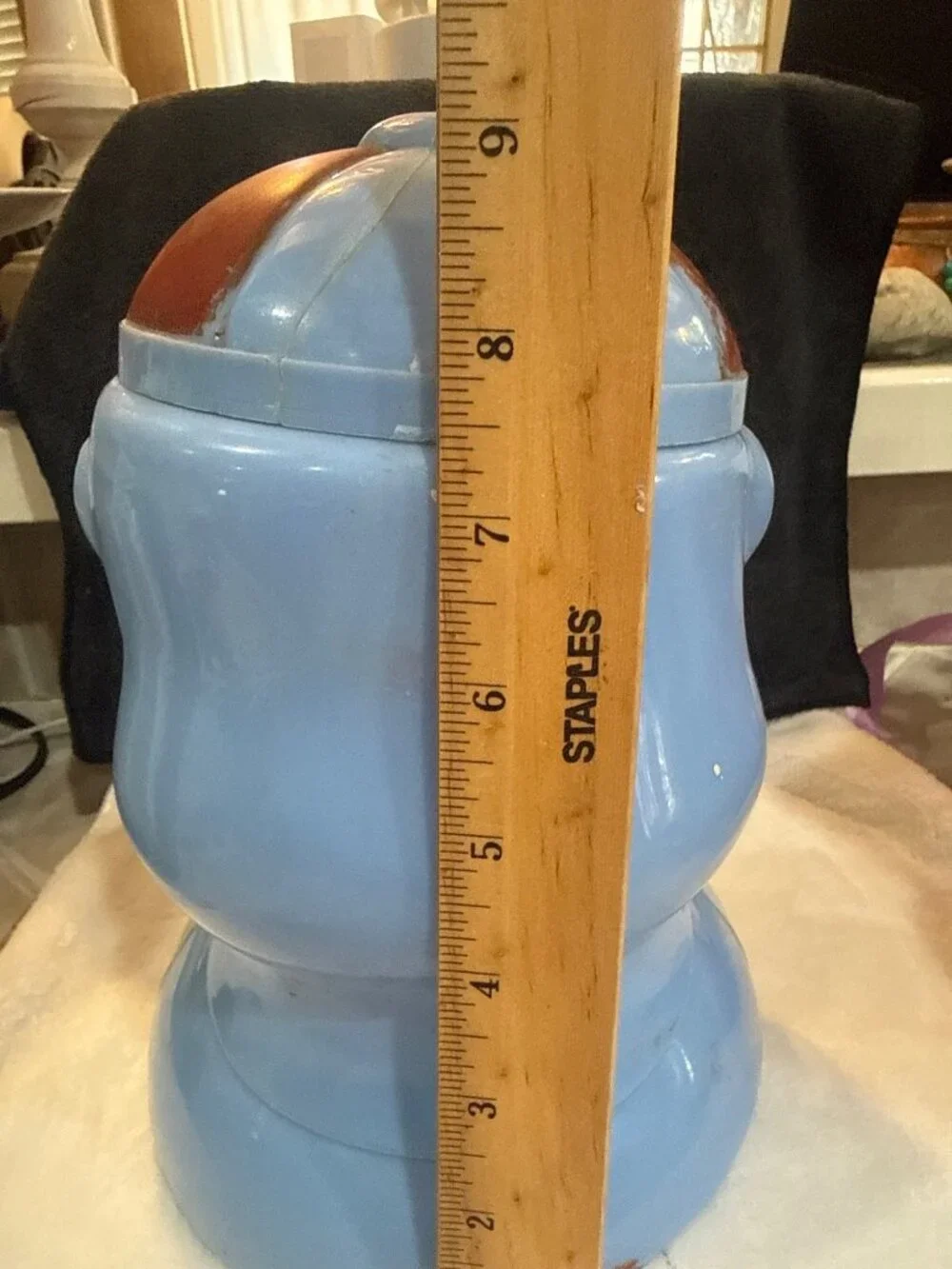 Vintage Blue & Red Celluloid porky pig cookie jar Bow Tie